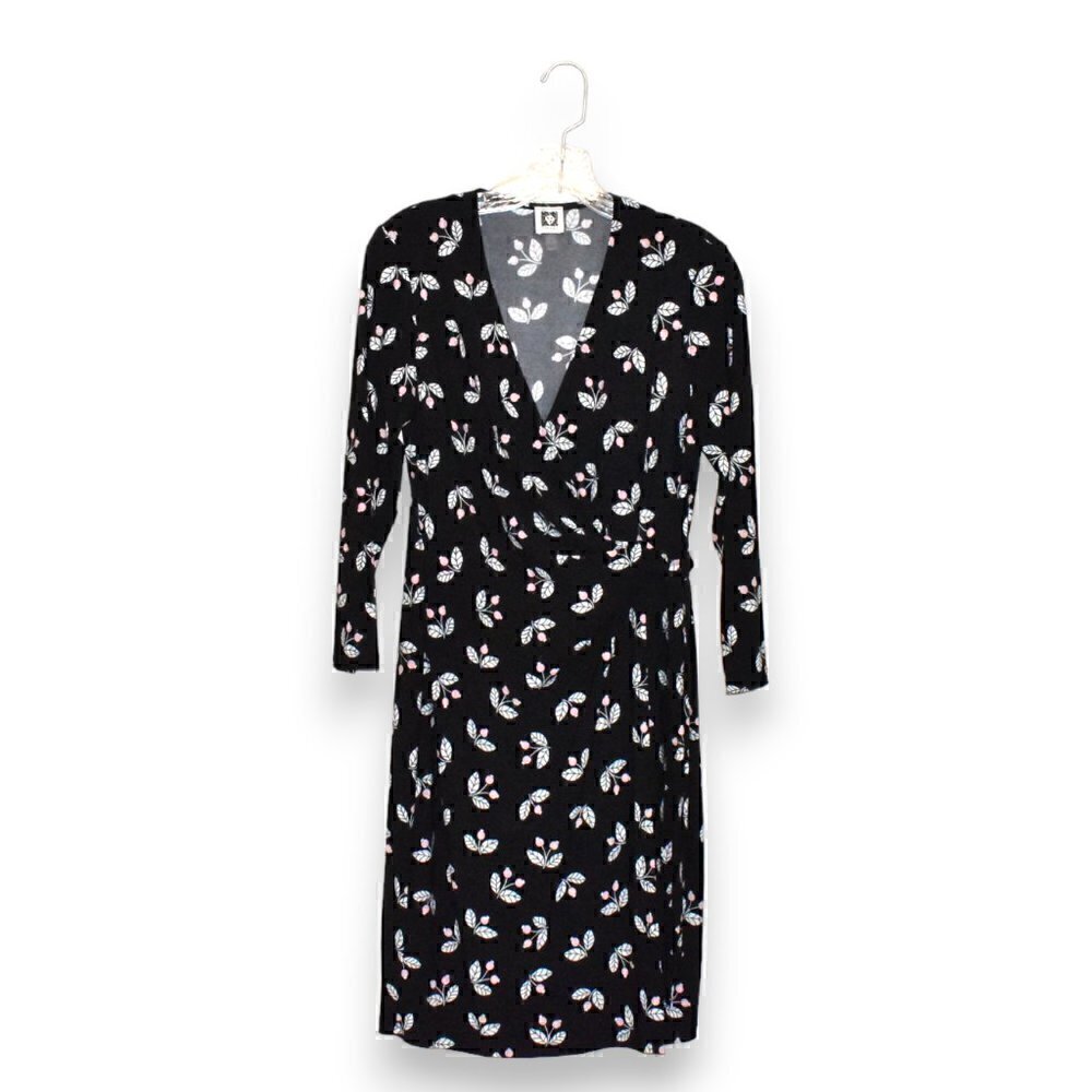 Anne Klein 3/4 Sleeve Faux Wrap Black Floral Dress Size 8